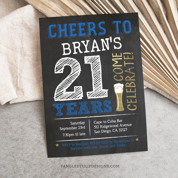 A Cheers and Beers 21st birthday birthday. Customize the blue color to make this invitation your own for a beer-themed birthday bash fit for a 21st birthday or any age! Tangled Tulip Designs - Birthday Invitations