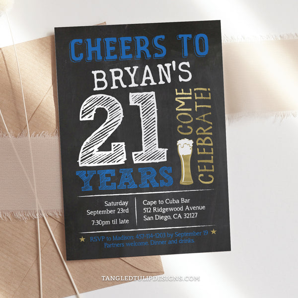 A Cheers and Beers 21st birthday birthday. Customize the blue color to make this invitation your own for a beer-themed birthday bash fit for a 21st birthday or any age! Tangled Tulip Designs - Birthday Invitations