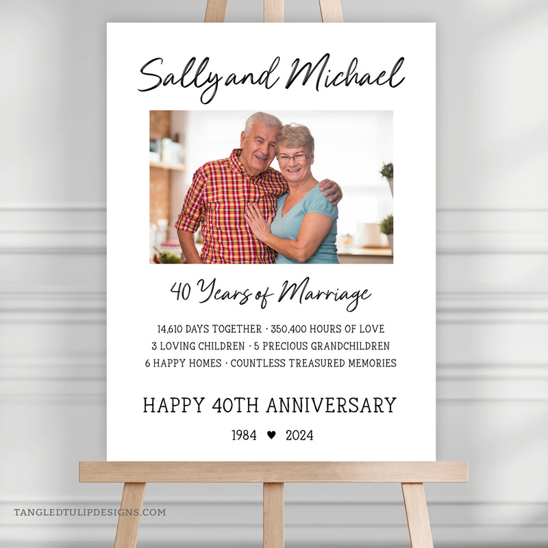 40th Anniversary party decorative sign template with a photo and stats of the couple's life together. A great personalized addition to their 40th Anniversary party decorations or gift. Instant download, edit in Corjl. Printable Anniversary sign By Tangled Tulip Designs