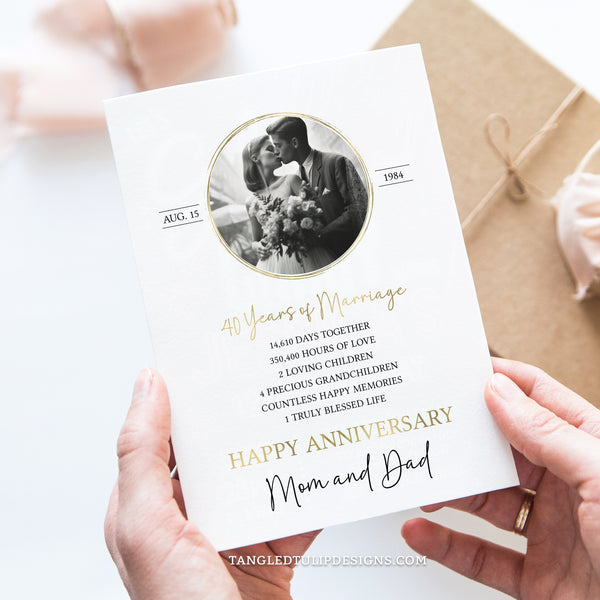 40th Anniversary Greetings Card Template with a photo of the couple and personalized stats of their life together. Perfect for parents on their 40th Wedding Anniversary. Greeting card template to edit in Corjl. By Tangled Tulip Design