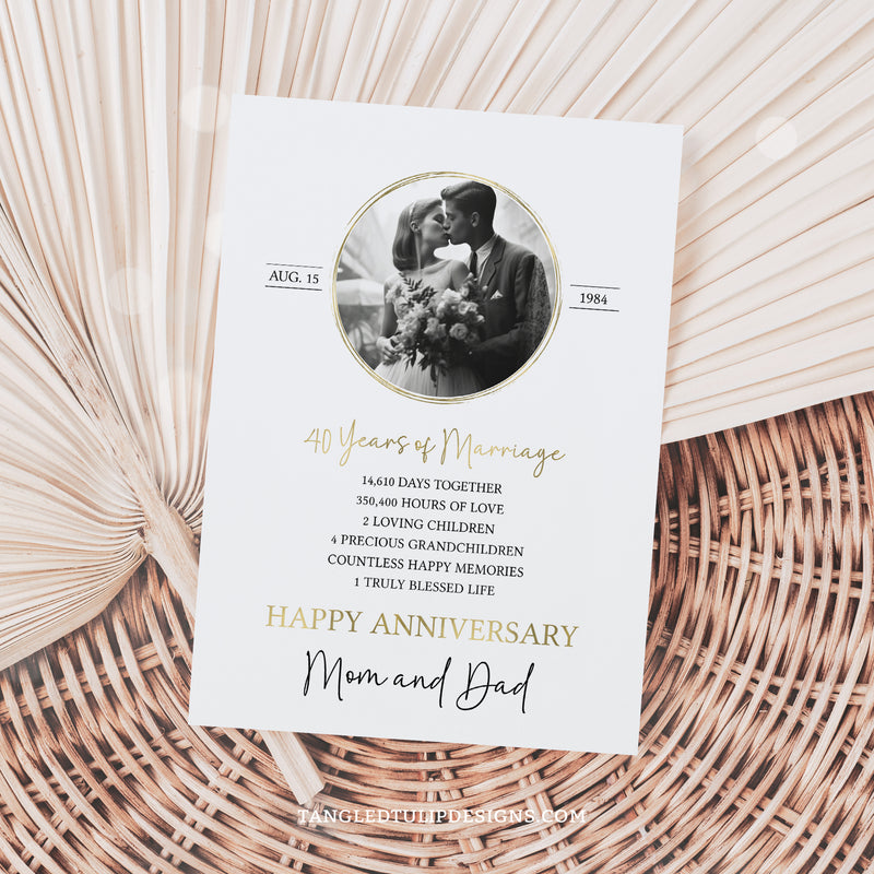 40th Anniversary Greetings Card Template with a photo of the couple and personalized stats of their life together. Perfect for parents on their 40th Wedding Anniversary. Greeting card template to edit in Corjl. By Tangled Tulip Design