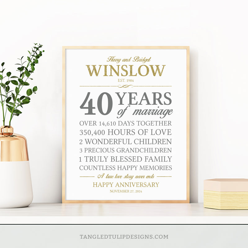 Editable 40th Anniversary Stats Print in glitter gold, gray and white. Instant Download and Editable in Corjl. By Tangled Tulip Designs.