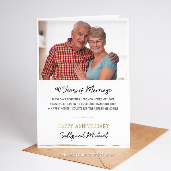 40th Anniversary Card with a photo of the couple. Fully editable template to create a personalized 40th Anniversary card with stats of their life together. Instant Download, edit in Corjl. Printable Anniversary card By Tangled Tulip Designs.