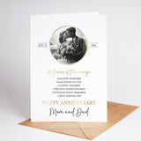 40th Anniversary Greetings Card Template with a photo of the couple and personalized stats of their life together. Perfect for parents on their 40th Wedding Anniversary. Greeting card template to edit in Corjl. By Tangled Tulip Design