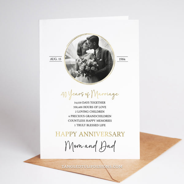 40th Anniversary Greetings Card Template with a photo of the couple and personalized stats of their life together. Perfect for parents on their 40th Wedding Anniversary. Greeting card template to edit in Corjl. By Tangled Tulip Design