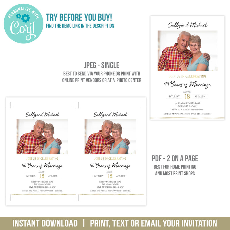 Editable 40th Anniversary Party Invitation Template with Photo