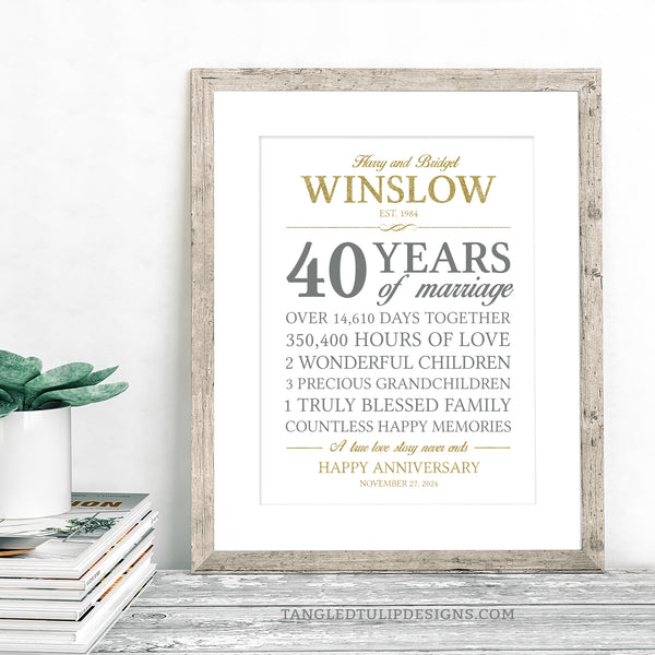 Editable 40th Anniversary Stats Print in glitter gold, gray and white. Instant Download and Editable in Corjl. By Tangled Tulip Designs.