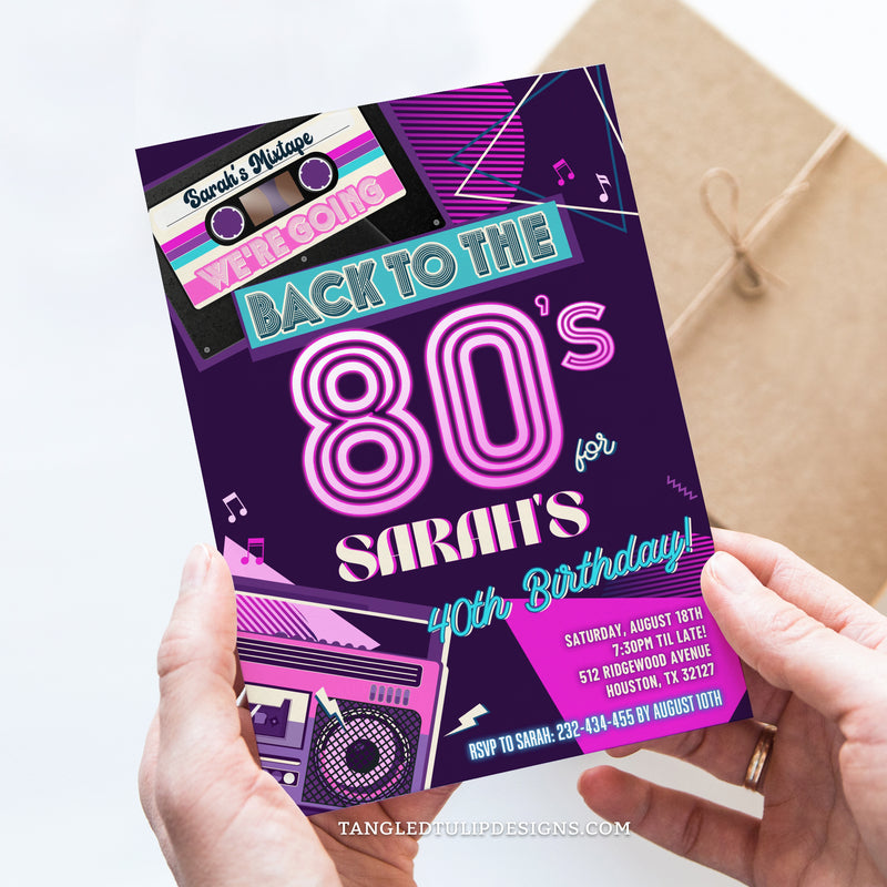 This editable 80s Party Invitation is perfect for celebrating a woman's 40th birthday, or you can customize it for any age! Featuring a mixtape cassette, boombox, and funky retro neon color scheme. Invitation template to edit in Corjl. By Tangled Tulip Designs.