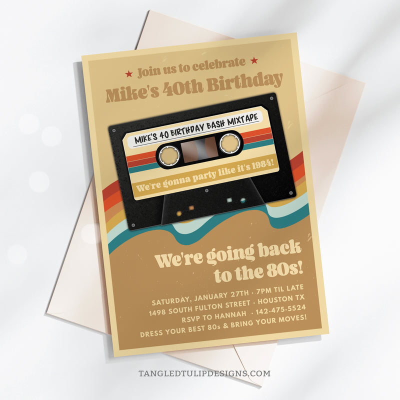 Editable 80s Party Invitation featuring a retro cassette Mixtape of Greatest Hits. Suitable for a 40th birthday, or any age. Get ready to go back to the 80s! Invitation template to edit in Corjl. By Tangled Tulip Designs.