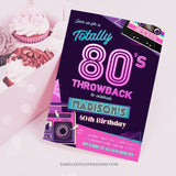 Editable 80s Party Invitation for a woman's 40th Birthday party, or for any age. This 80s Throwback Party invite features a funky neon color scheme, with a boombox and classic cassette mixtape. Edit in Corjl. By Tangled Tulip Designs.