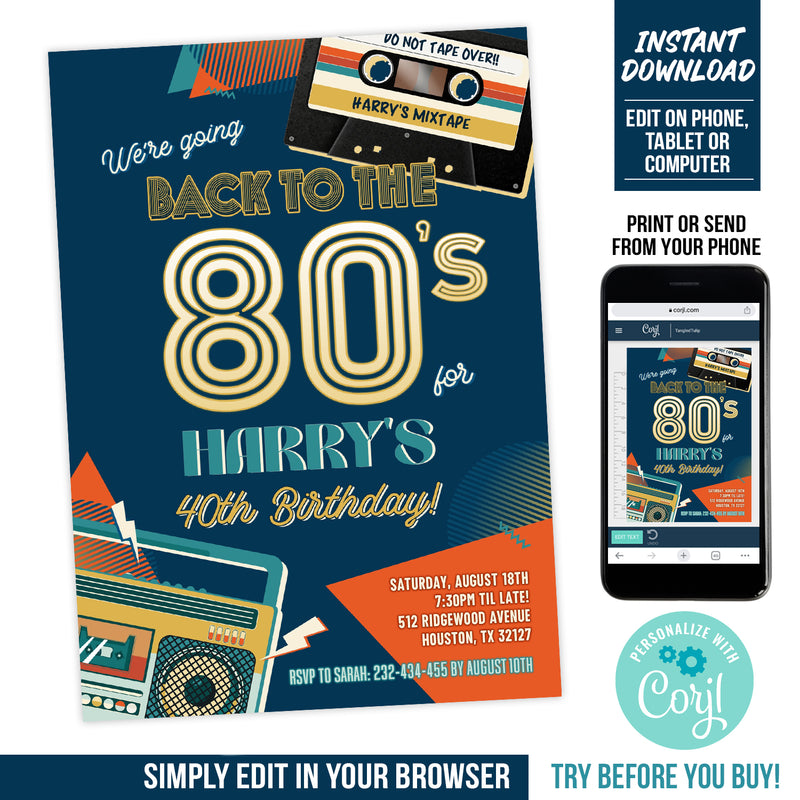 Editable 80s Party Invitation, 40th Birthday, Back to the 80s Party Digital Invite