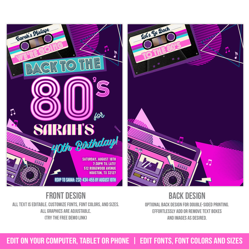 Editable 80s Party Invitation for a woman, Back to the 80s Birthday Disco Party Digital Invite