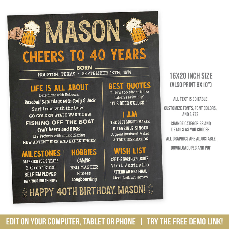 Editable 40th Birthday Milestone Sign. Cheers to 40 Years Vintage Beer theme