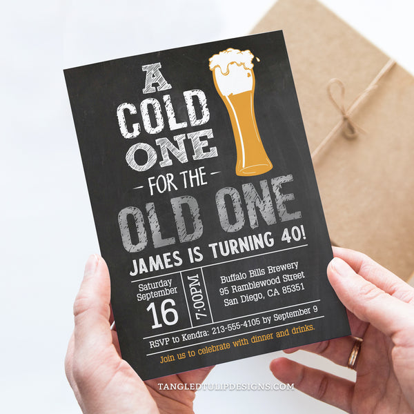 A Cold One for the Old One 40th Birthday Invitation. EDITABLE for any age. Great for a beer theme party, this invitation features a large beer glass, with silver and white on a chalkboard background. Tangled Tulip Designs - Birthday Invitations