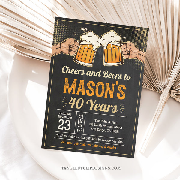 This editable invitation captures the spirit of retro vintage vibes with beers on a charming chalkboard background. Cheers and Beers! Tangled Tulip Designs - Birthday Invitations