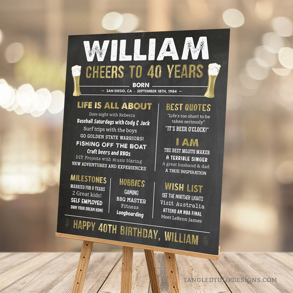 Mark his 40th birthday in style with this editable 40th birthday milestone poster sign. Set against a timeless chalkboard backdrop, this design features a captivating 'Cheers and Beers' theme in striking gold and chalk white accents. Instant Download and Editable in Corjl. By Tangled Tulip Designs.