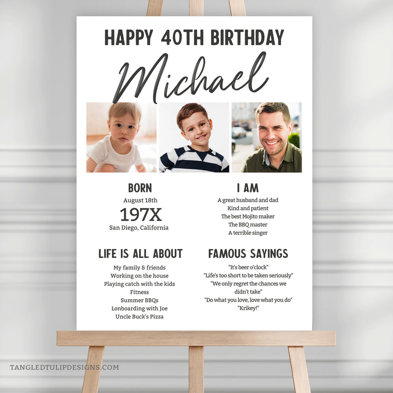 Editable 40th Birthday Milestone poster sign with photos, for a man. A great personalized addition to his 40th birthday decorations or as a thoughtful gift. Instant Download, edit in Corjl. Printable Tags By Tangled Tulip Designs.