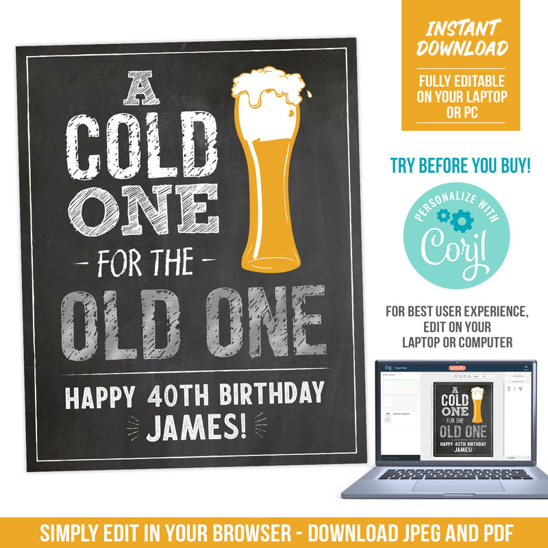 40th Birthday Sign Template Man Party Decoration Beer Theme