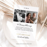 50th Anniversary Card with stats and photos of the couple. Fully editable template to create a personalized 50th Anniversary greeting card with stats. Instant Download, edit in Corjl. Printable Anniversary card By Tangled Tulip Designs.