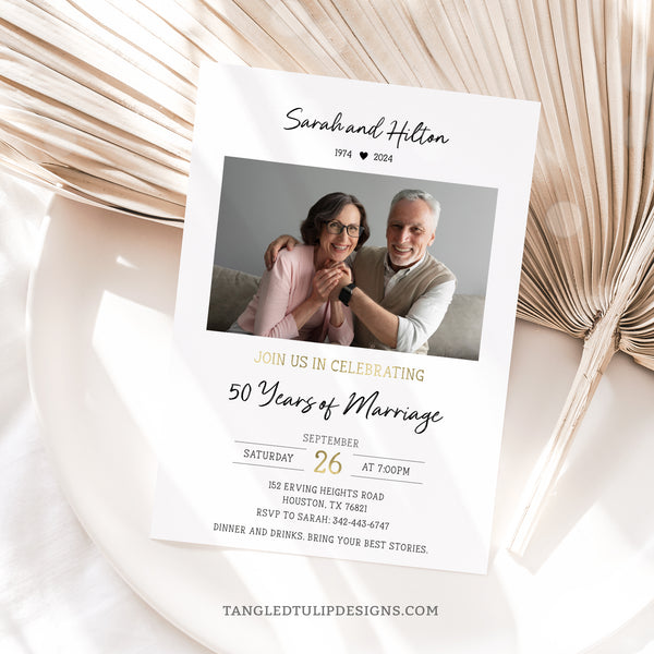 Editable 50th Anniversary party invitation template with gold accents, to celebrate a Golden Wedding Anniversary. With a photo that you can replace yourself.