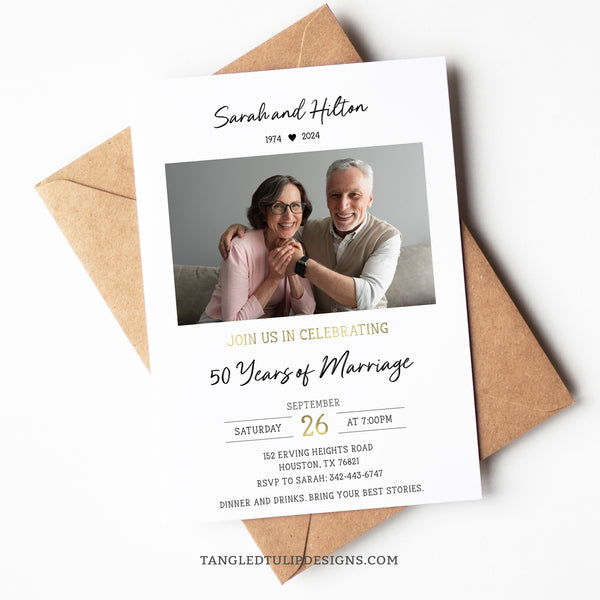 Editable 50th Anniversary party invitation template with gold accents, to celebrate a Golden Wedding Anniversary. With a photo that you can replace yourself.