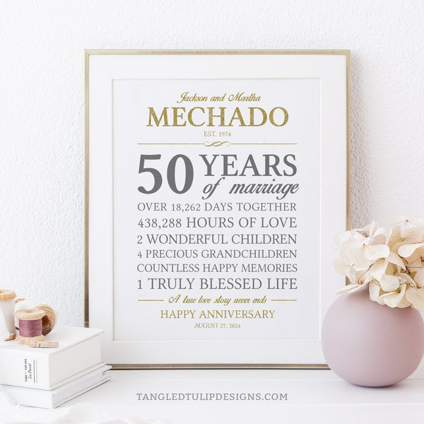 Editable 50th Anniversary Personalized Gift in gold and gray on a white background. Instant Download and Editable in Corjl. By Tangled Tulip Designs.