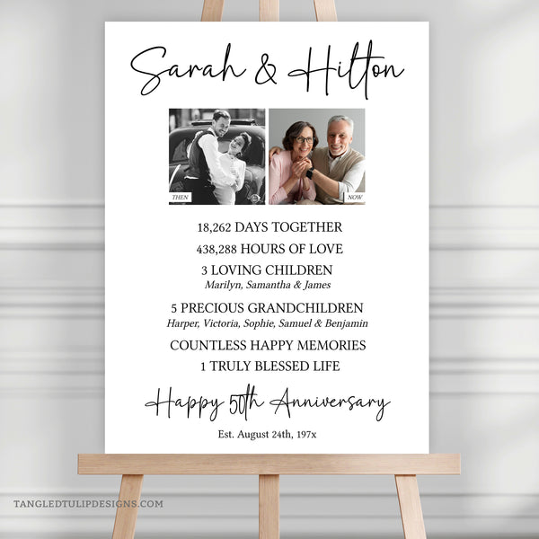 Editable 50th Anniversary stats sign with photos of then and now. A great personalized addition to their 50th Anniversary party decorations for their Golden Wedding Anniversary.