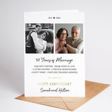 50th Anniversary Card with stats and photos of the couple. Fully editable template to create a personalized 50th Anniversary greeting card with stats. Instant Download, edit in Corjl. Printable Anniversary card By Tangled Tulip Designs.