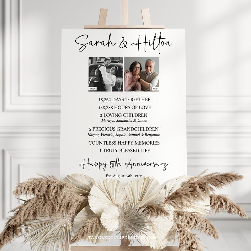 Editable 50th Anniversary stats sign with photos of then and now. A great personalized addition to their 50th Anniversary party decorations for their Golden Wedding Anniversary.