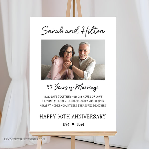 This 50th Anniversary sign is an editable template with a photo and stats of the couple's life together. A great addition to their 50th Anniversary party decorations or a thoughtful gift.