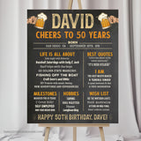 Editable 50th Birthday Milestone Poster in a Vintage Beer theme, on a classic chalkboard effect background. A great personalized addition to his 50th birthday decorations. Cheers and Beers to 50 Years!