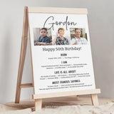 Editable 50th Birthday Decorative sign with photos in a classic black and white design. A great personalized addition to his 50th birthday decorations or as a thoughtful gift. Instant Download, edit in Corjl. Printable Poster By Tangled Tulip Designs.