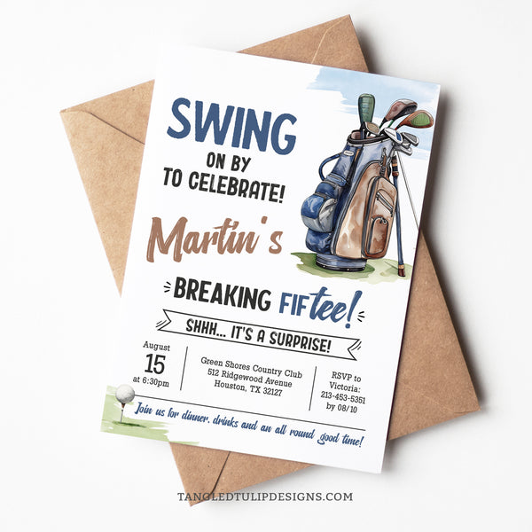 An editable Golfer 50th Birthday invitation for his Surprise birthday party. Featuring a golf bag and golf ball on the tee.