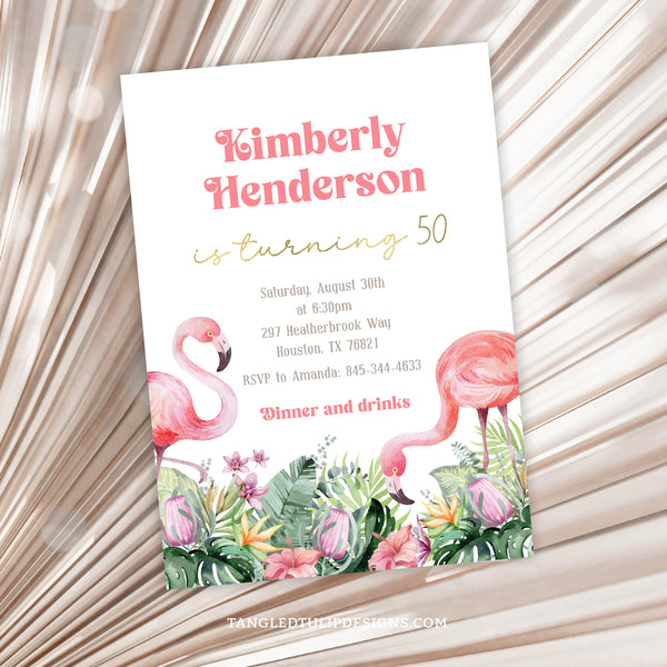 Flamingo Birthday Invitation for Woman of Any Age. Instant Download and Editable in Corjl. By Tangled Tulip Designs.