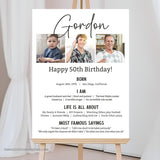 Editable 50th Birthday Milestone poster sign template with photos in a classic black and white design. A great personalized addition to his 50th birthday decorations or as a thoughtful gift.  Instant Download, edit in Corjl. Printable Poster By Tangled Tulip Designs.