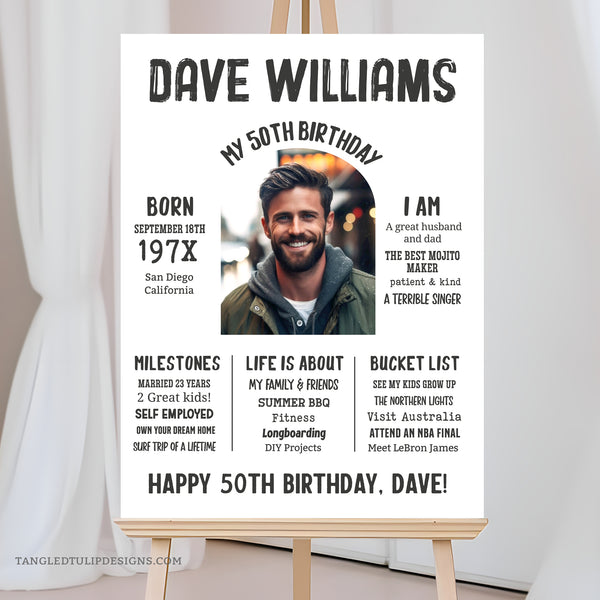 Editable 50th Birthday Milestone poster template with a photo, for a man. A great personalized addition to his 50th birthday decorations.  Edit in Corjl. Printable poster By Tangled Tulip Designs.