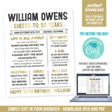 50th Birthday Milestones Poster Template Cheers to 50 Years Printable Sign