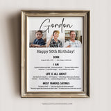 Editable 50th Birthday Decorative sign with photos in a classic black and white design. A great personalized addition to his 50th birthday decorations or as a thoughtful gift. Instant Download, edit in Corjl. Printable Poster By Tangled Tulip Designs.