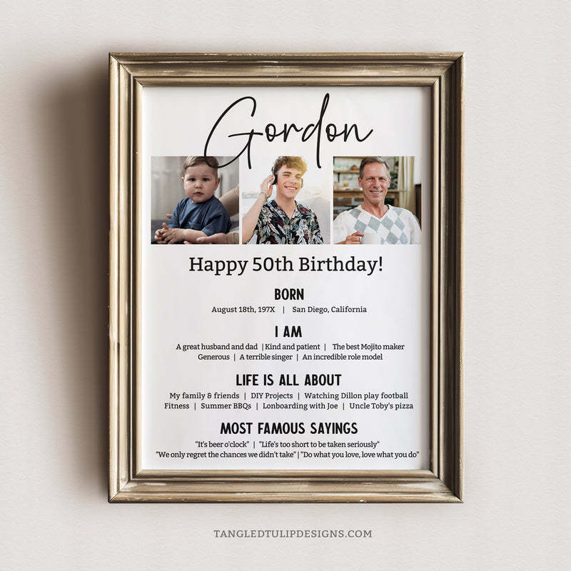 Editable 50th Birthday Decorative sign with photos in a classic black and white design. A great personalized addition to his 50th birthday decorations or as a thoughtful gift. Instant Download, edit in Corjl. Printable Poster By Tangled Tulip Designs.