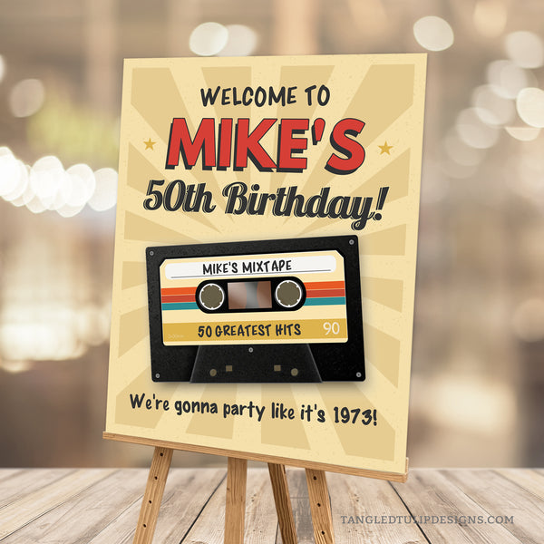 A retro style 50th Birthday Welcome sign featuring a mixtape cassette of Greatest Hits. Party like you're back in the 70s with this groovy birthday sign, suitable for any age. Instant Download and Editable in Corjl. By Tangled Tulip Designs.