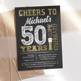 Cheers and Beers to 50 Years! A 50th Birthday Invitation with a gold beer on a chalkboard background. This invite is suitable for any age beer lover's birthday. Tangled Tulip Designs - Birthday Invitations