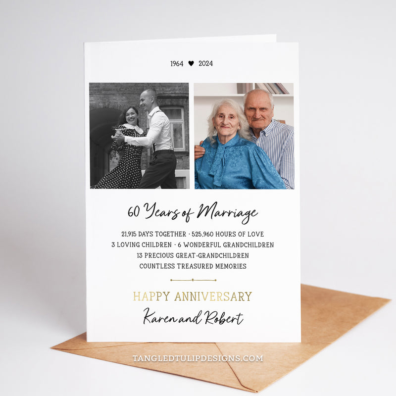 60th Anniversary greetings card with photos of the couple. A fully editable template to create a personalized 60th Anniversary card with stats of their life together.