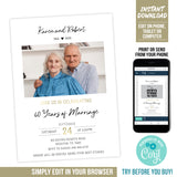 Editable 60th Anniversary Invitation with Photo, Diamond Wedding Anniversary Digital Invite