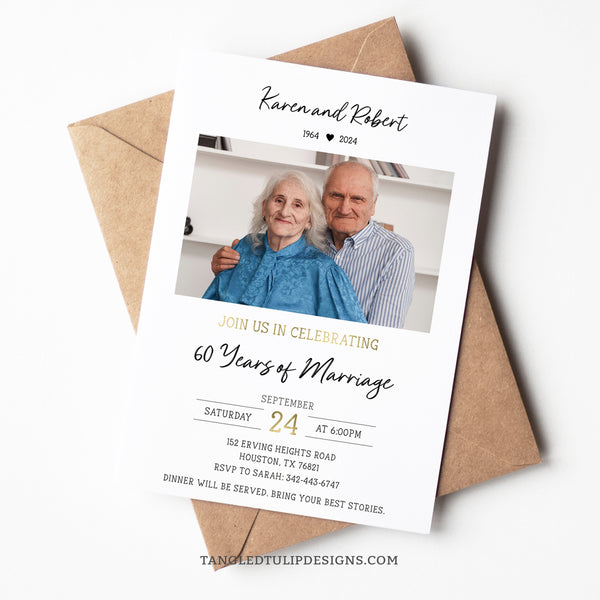 An editable 60th Anniversary party invitation with a photo and gold accents, to celebrate their Diamond Wedding Anniversary and 60 Years of Marriage.