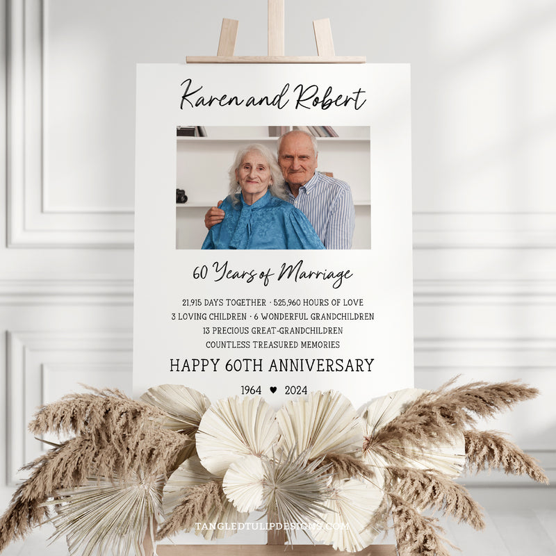 This 60th Anniversary sign is an editable template with a photo and stats of the couple's life together. A great addition to their 60th Wedding Anniversary party decorations. Artwork provided in 3 sizes.