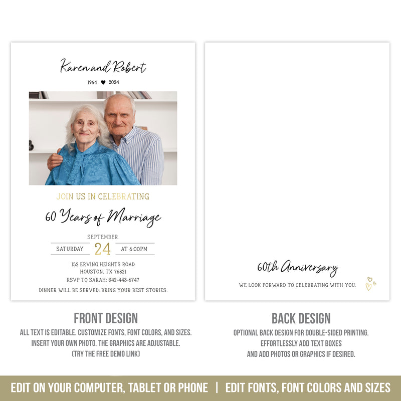 Editable 60th Anniversary Invitation with Photo, Diamond Wedding Anniversary Digital Invite