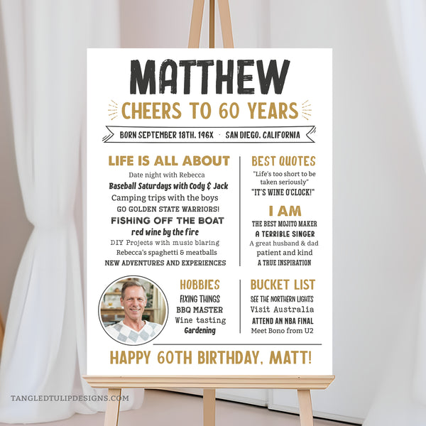 60th Birthday sign with a photo, for a man's 60th Birthday party, in a "Cheers to 60 Years" theme. A great personalized addition to his 60th birthday decorations. Instant Download, edit in Corjl. Printable Poster By Tangled Tulip Designs.