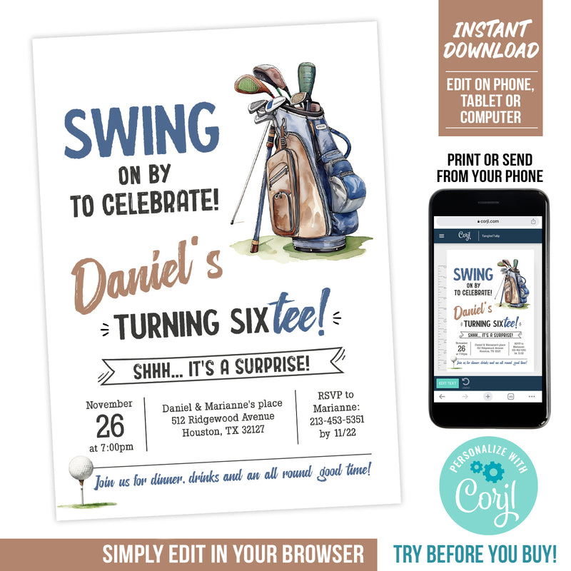 Editable Golf Surprise 60th Birthday Invitation for a man, Golf Theme Party Digital Invite