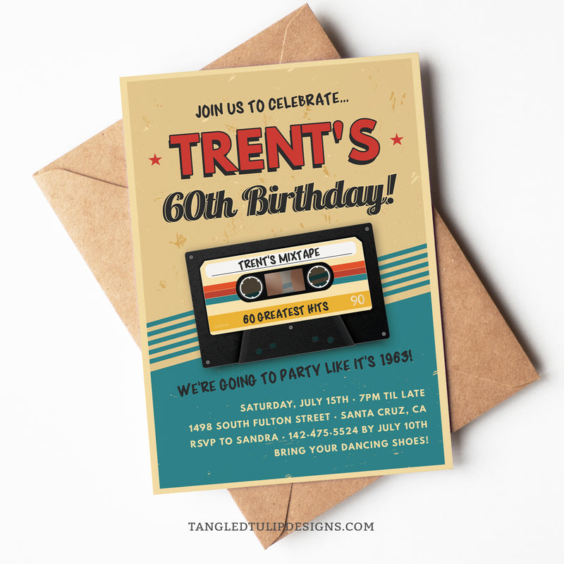 Get your groove on with this vintage Cassette Tape 60th Birthday Invitation, featuring a retro design with a mixtape of greatest hits. We're going to party like it's 1964! Suitable for any age and any year. Tangled Tulip Designs - Birthday Invitations