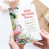 A vibrant Flamingo-themed Tropical Birthday Invitation. This cheerful design features delightful flamingos, lush tropical flowers, and a splash of vibrant colors, perfect for celebrating a milestone 60th birthday or any age! Tangled Tulip Designs - Birthday Invitations